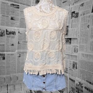Bunulu Ivory Fringe Embroidered Cotton Tank Top Women's Medium Boho Beachy